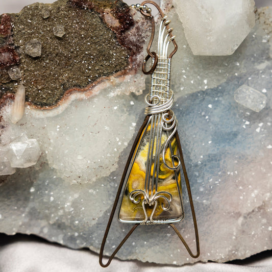 Bumblebee Jasper Guitar Wire Wrap Pendant, 4.5 Inch, Passion