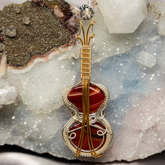 Carnelian Agate Fiddle Wire Wrap Pendant, 4 Inch, Musical Energy