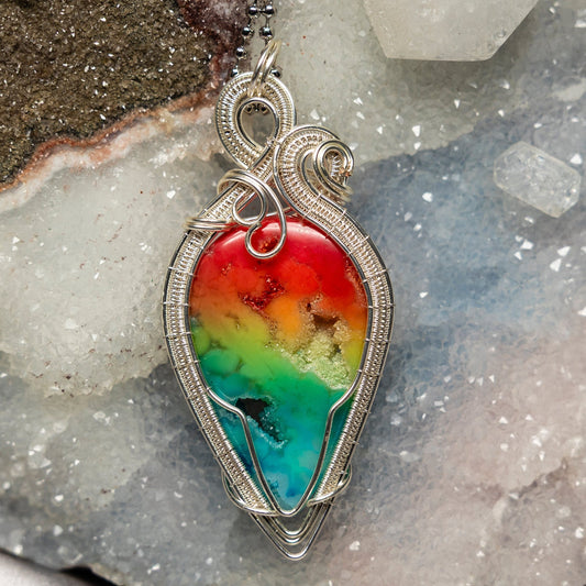 Chakra Agate Wire Wrap Pendant, 3 Inch, Seven Chakras Balance