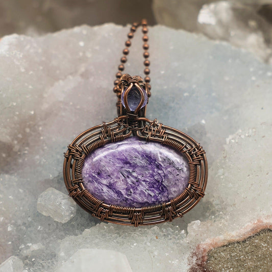 Charoite Wire Wrap Pendant, 2 Inch, Purple Crown Transformation