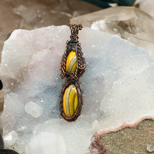 Dual Bumblebee Jasper Wire Wrap Pendant, Yellow Orange Confidence
