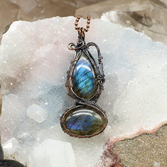 Dual Labradorite Wire Wrap Pendant, Mystical Third Eye Stone