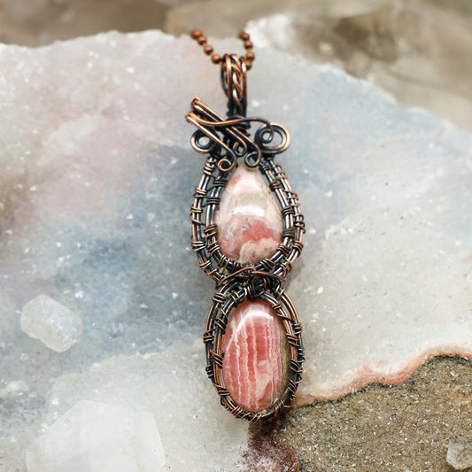 Dual Rhodochrosite Wire Wrap Crystal Pendant - Love & Compassion