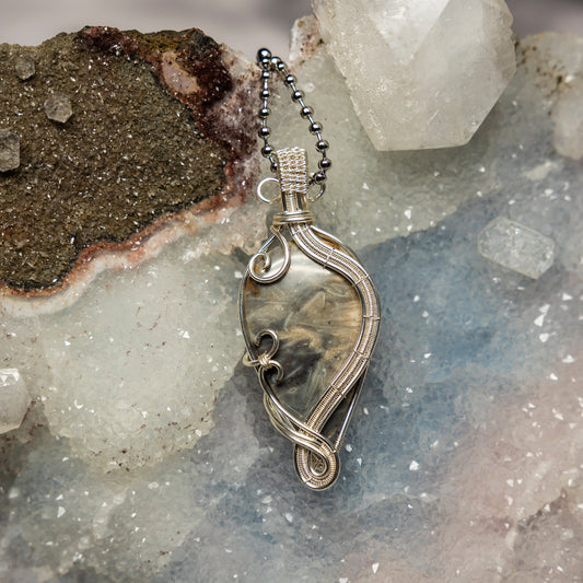 Feather Agate Wire Wrap Pendant, 2.48 Inch, Large Plume Patterns