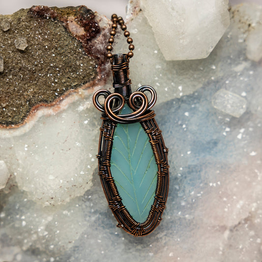 Green Chalcedony Leaf Wire Wrap Pendant, 2.75 Inch, Heart Chakra