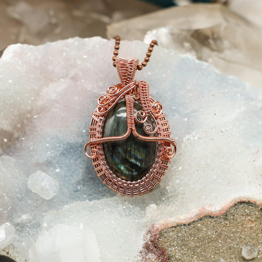 Labradorite Oval Wire Wrap Pendant, 2.25 Inch, Iridescent Flash