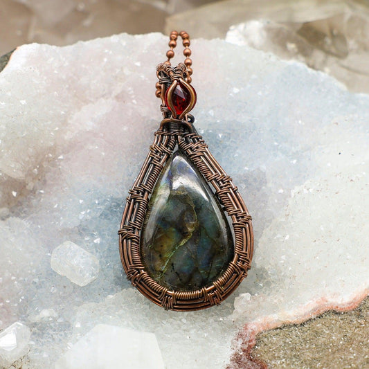 Labradorite Teardrop Wire Wrap Pendant, Blue Green Flash Stone