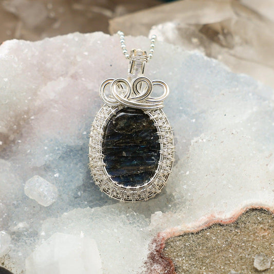 Labradorite Wire Wrap Oval Pendant, Intuition Spiritual Insight