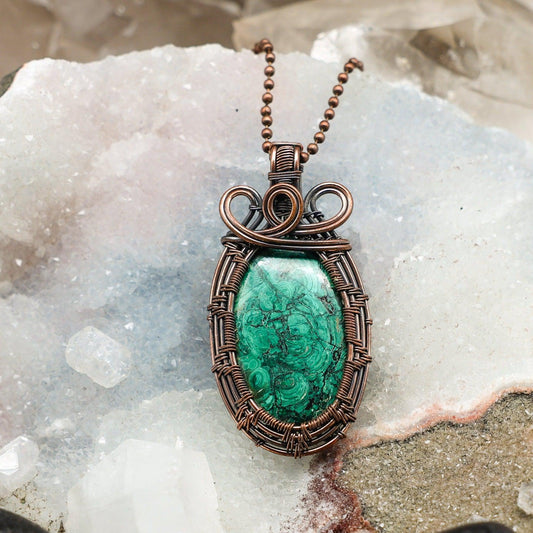Malachite Wire Wrap Pendant, Green, Heart Chakra Protection