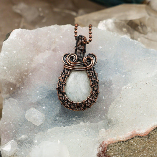 Moonstone Teardrop Wire Wrap Pendant, Crown Chakra Intuition