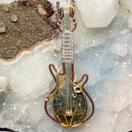 Moss Agate Guitar Wire Wrap Pendant, 3.6 Inch, Heart Chakra