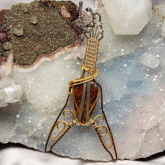 Moss Agate Guitar Wire Wrap Pendant, 4 Inch, Music Creativity