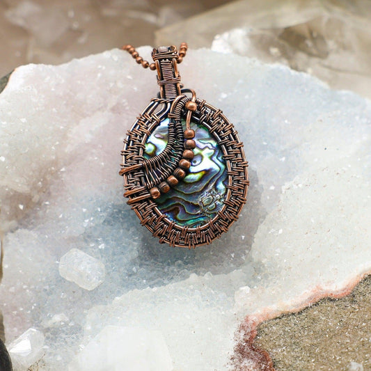 Paua Abalone Shell Wire Wrap Pendant, Iridescent Ocean Energy