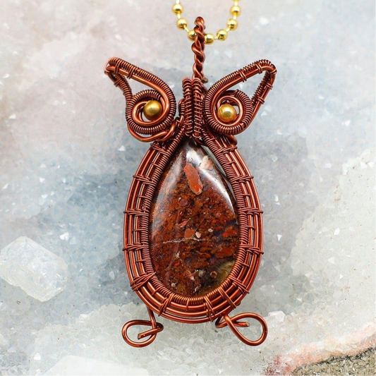 Poppy Jasper Owl Wire Wrap Pendant, Red Root Chakra Wisdom