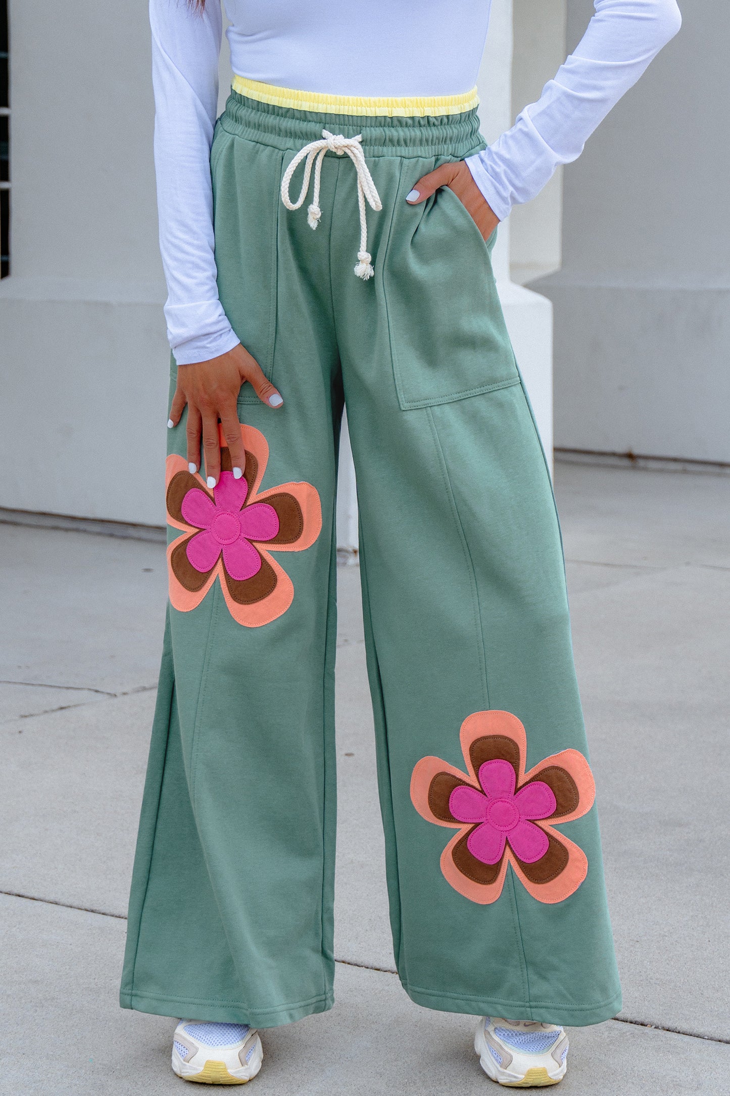 Grapefruit Orange Color Block Flower Patchwork Drawstring Contrasted Elastic Waist Wide Leg Pants