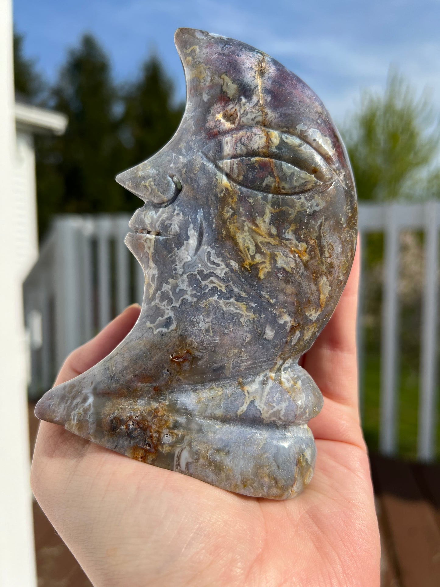 Moss Agate & Ocean Jasper Standing Moon Face