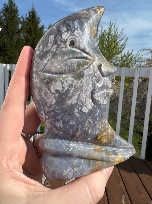Moss Agate & Ocean Jasper Standing Moon Face