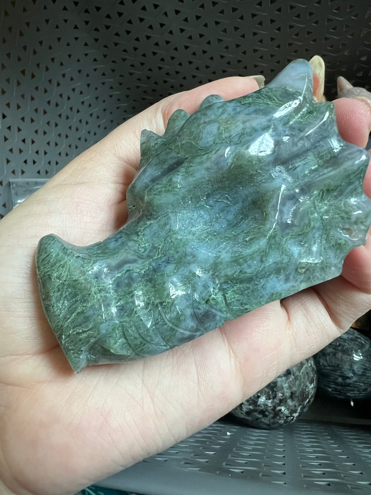 Moss Agate Dragon Skull