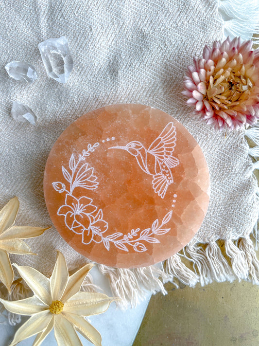 "Hummingbird" Easter Spring PEACH Selenite Crystal Home Decor