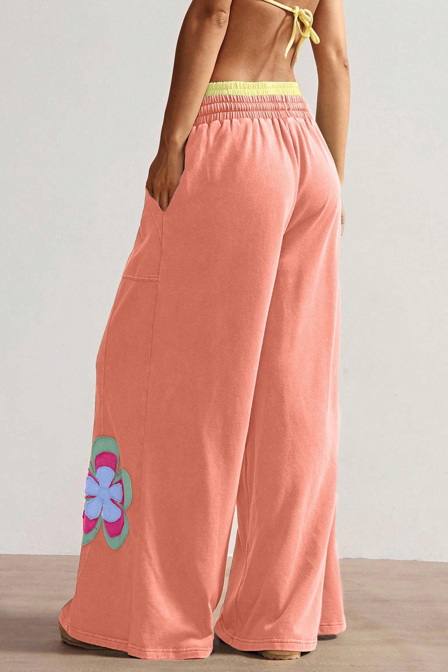 Grapefruit Orange Color Block Flower Patchwork Drawstring Contrasted Elastic Waist Wide Leg Pants