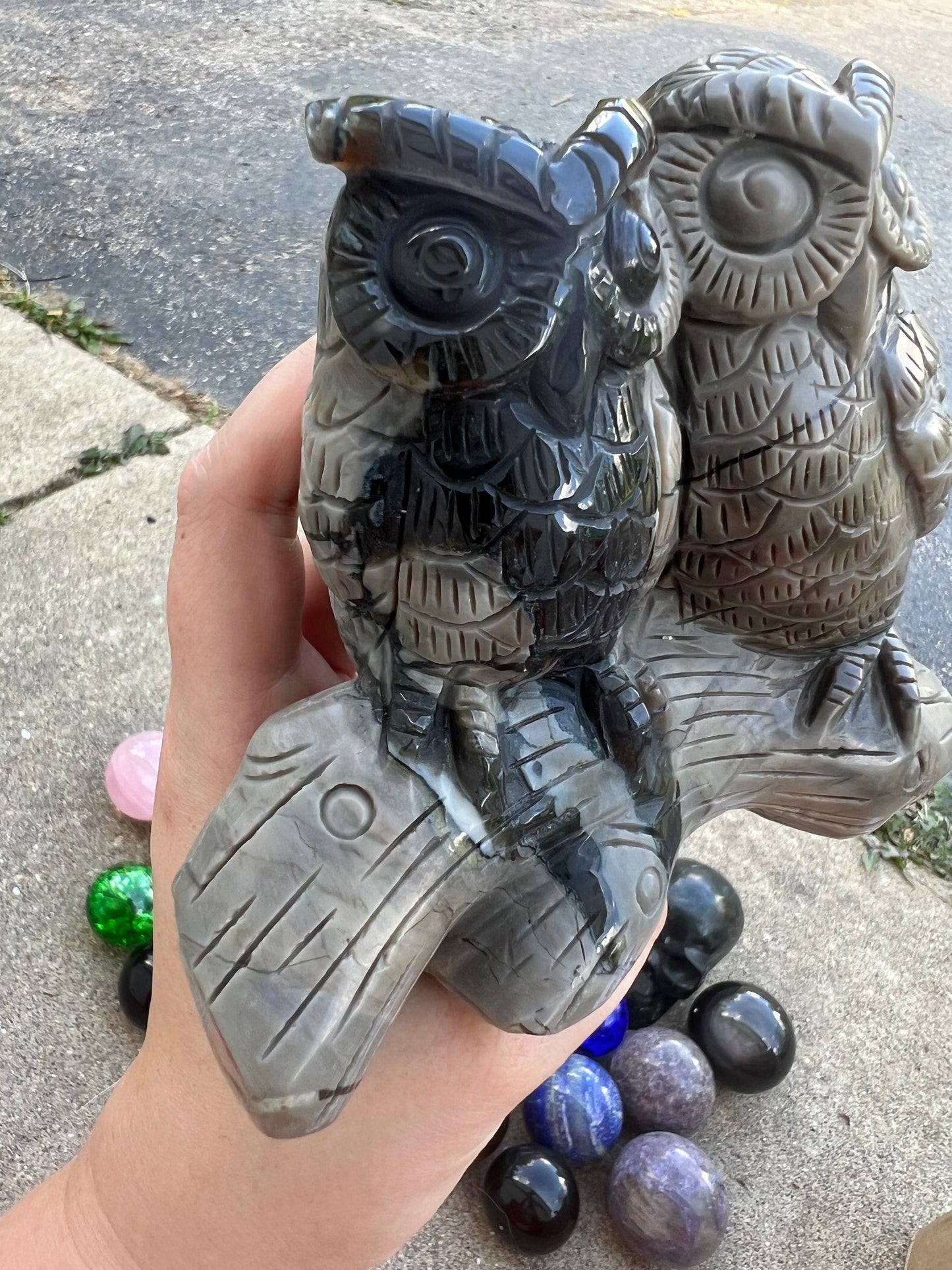 Large Volcanic Agate Hand Carved Owl Pair