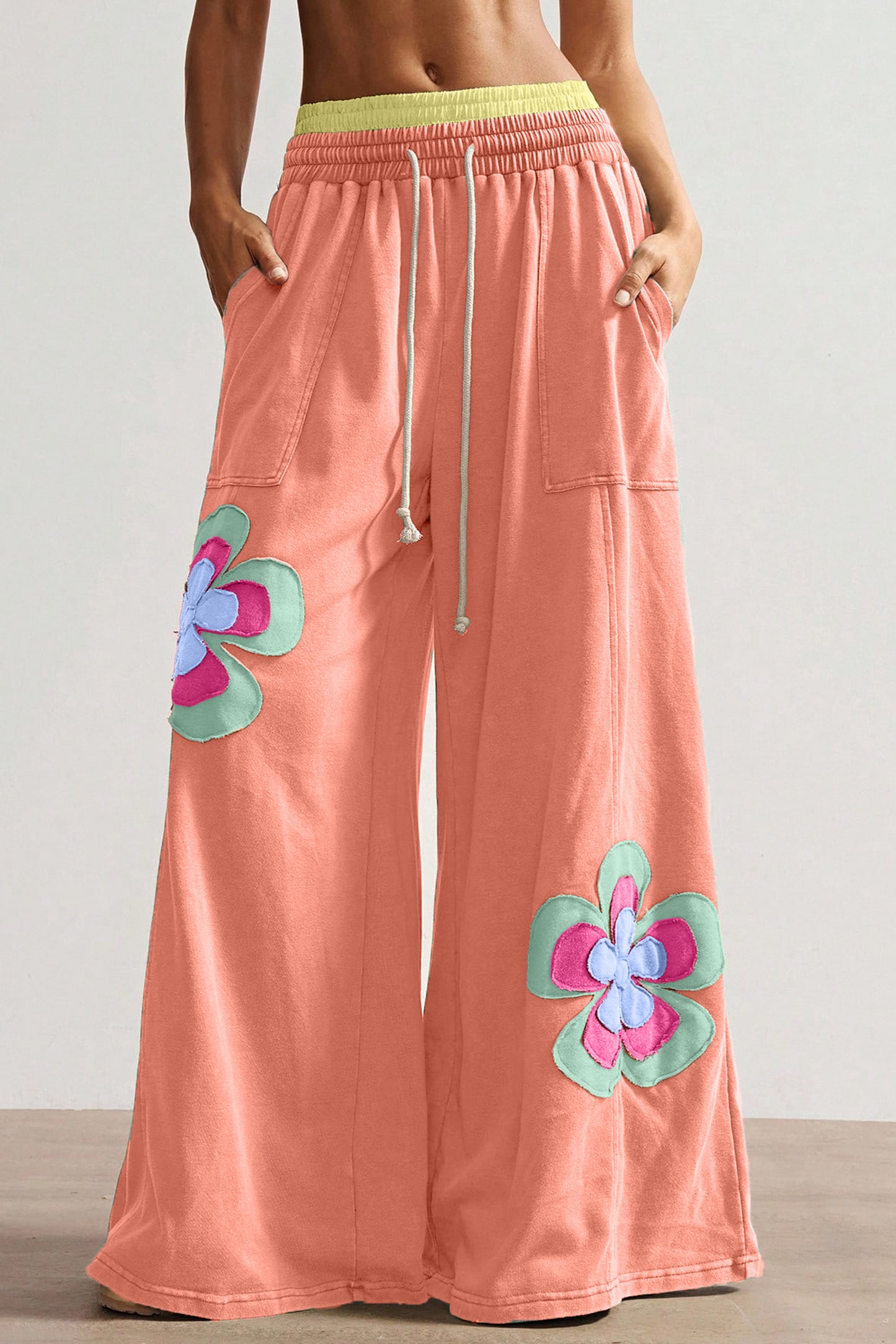 Grapefruit Orange Color Block Flower Patchwork Drawstring Contrasted Elastic Waist Wide Leg Pants