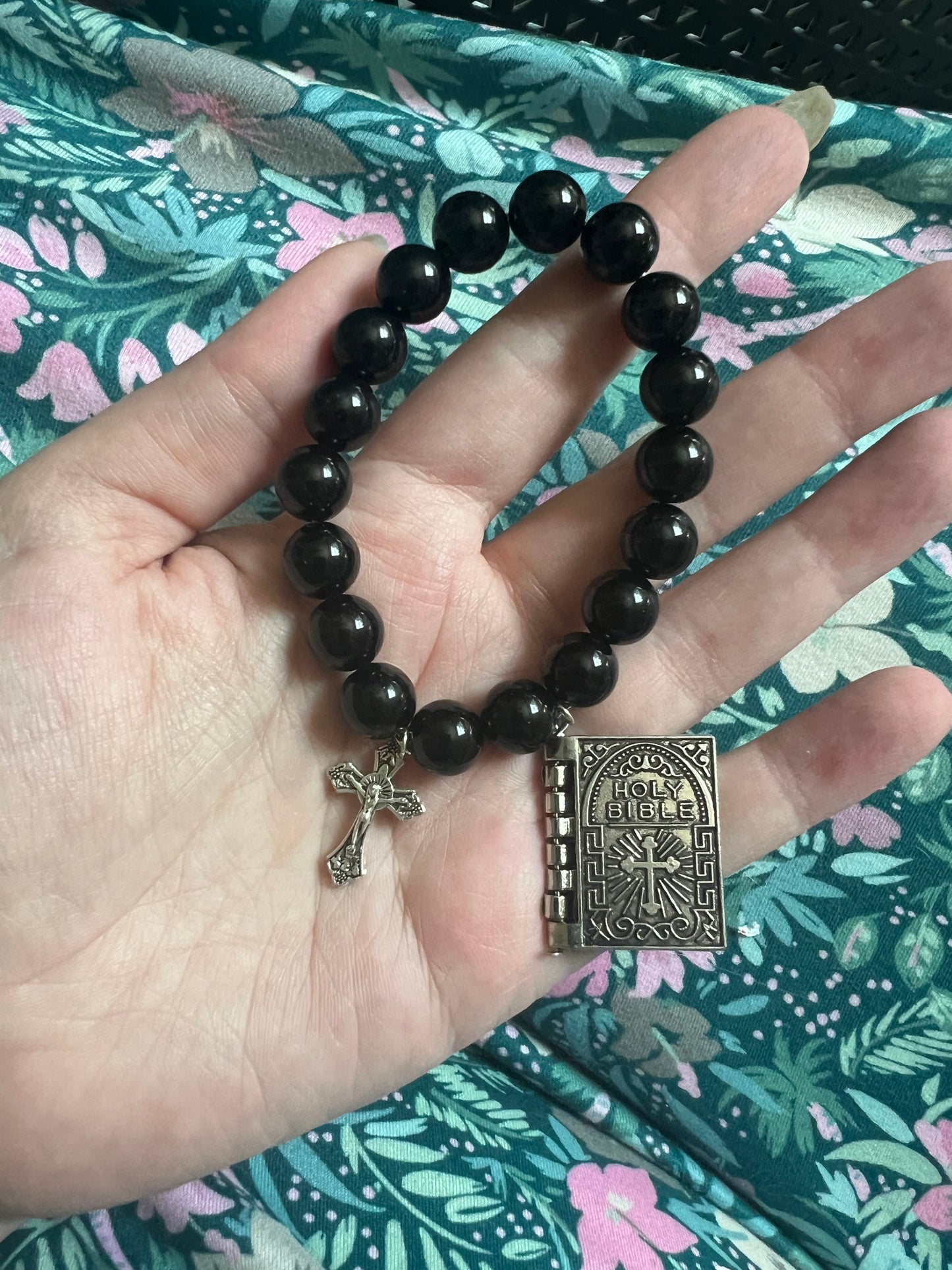 Obsidian Bracelet With Bible Charm