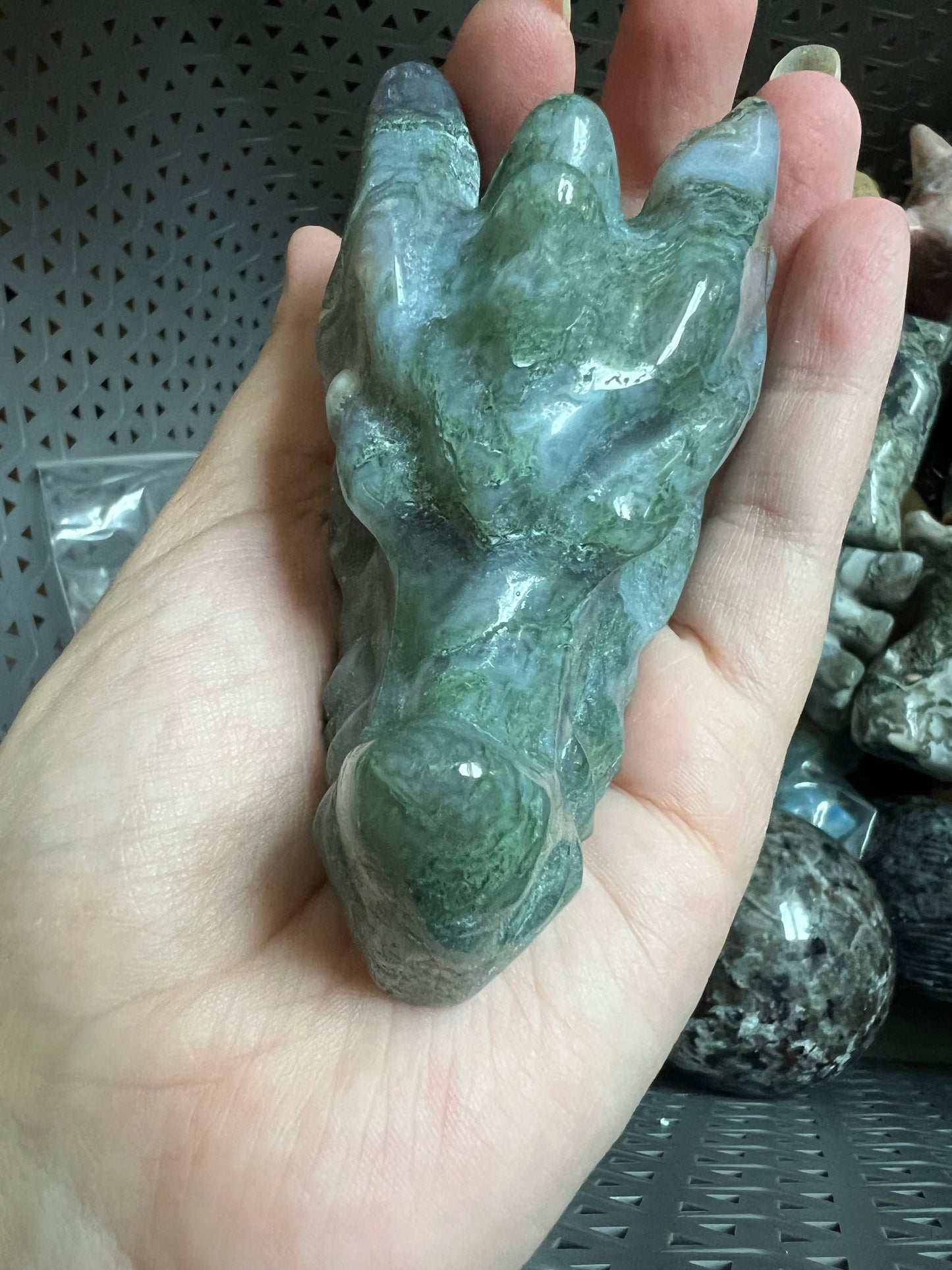 Moss Agate Dragon Skull