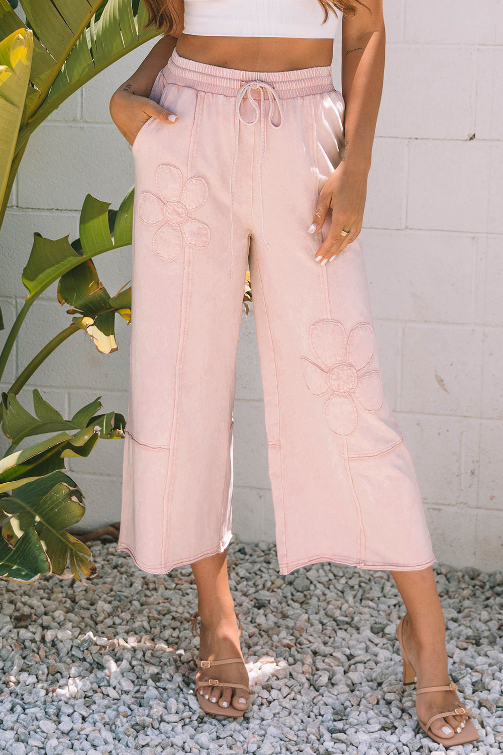 Buckskin Flower Patch Mineral Washed Terry Knit Cropped Wide Leg Pants 100% COTTON