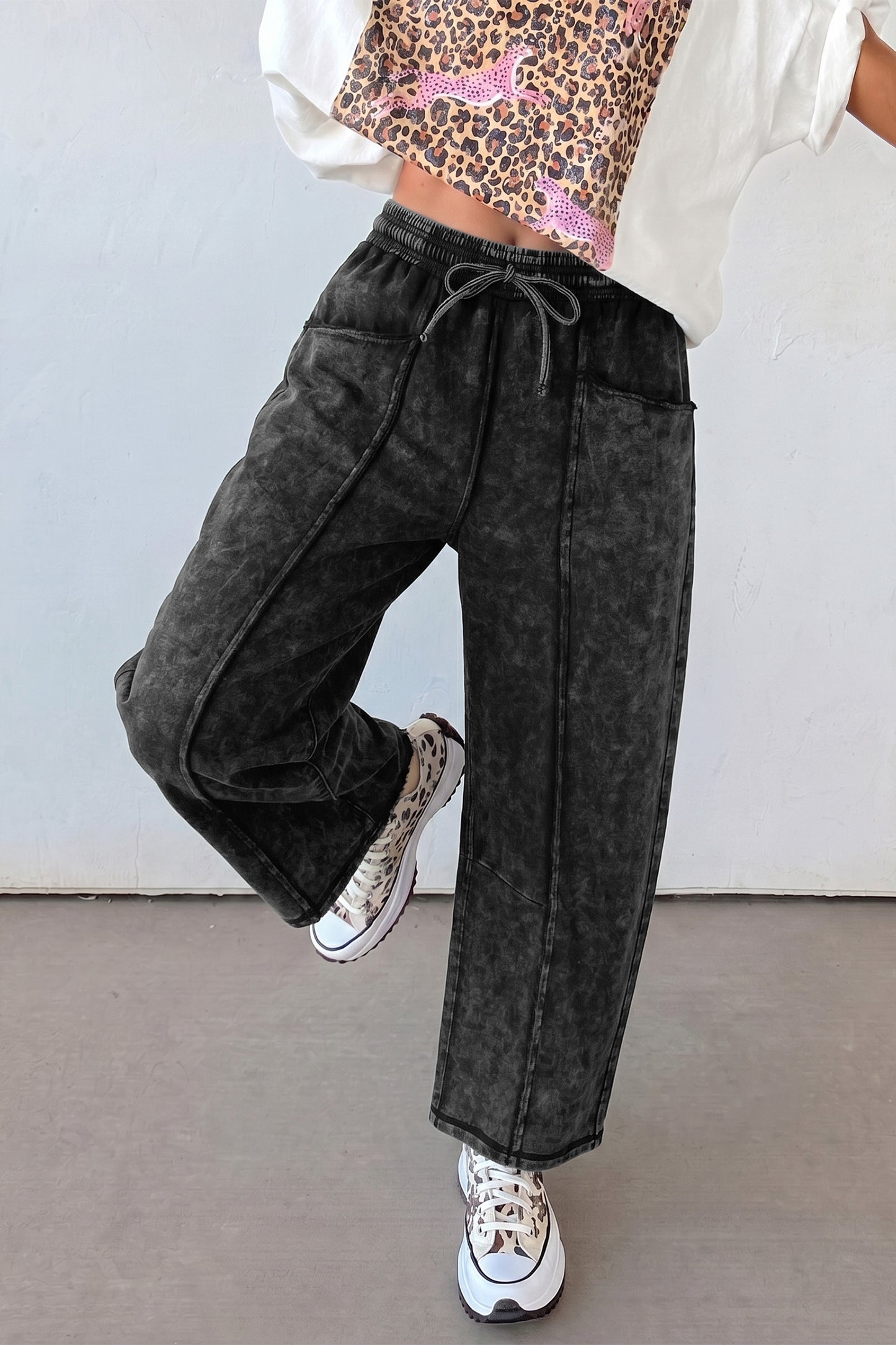 Black Mineral Wash Raw Seam Drawstring Elastic Waist Barrel Pants