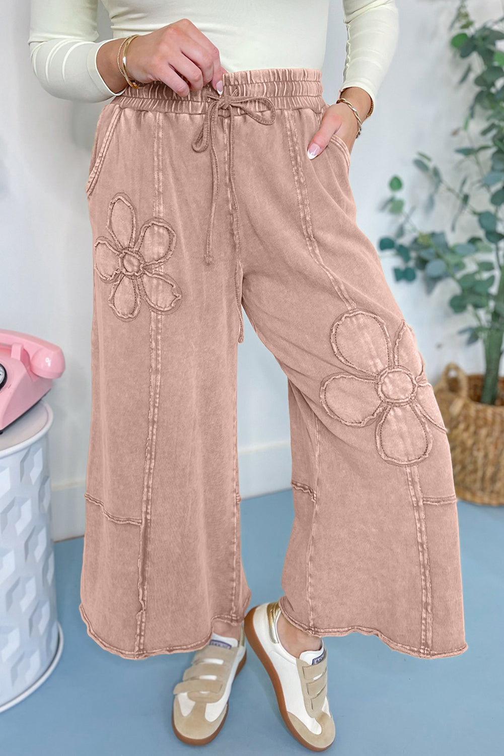 Buckskin Flower Patch Mineral Washed Terry Knit Cropped Wide Leg Pants 100% COTTON