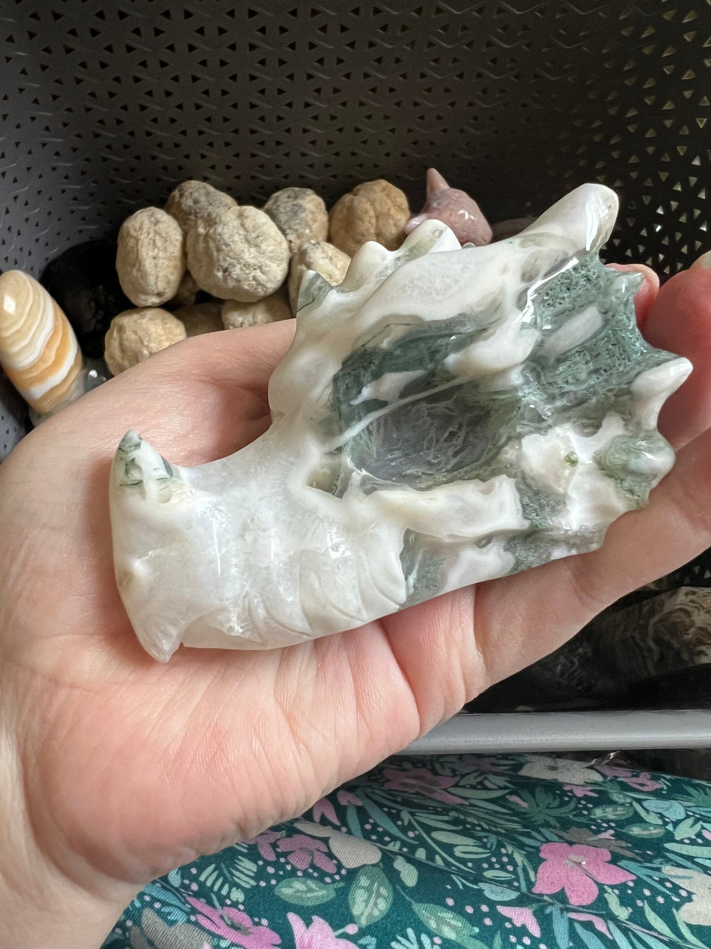 Moss Agate Dragon Skull