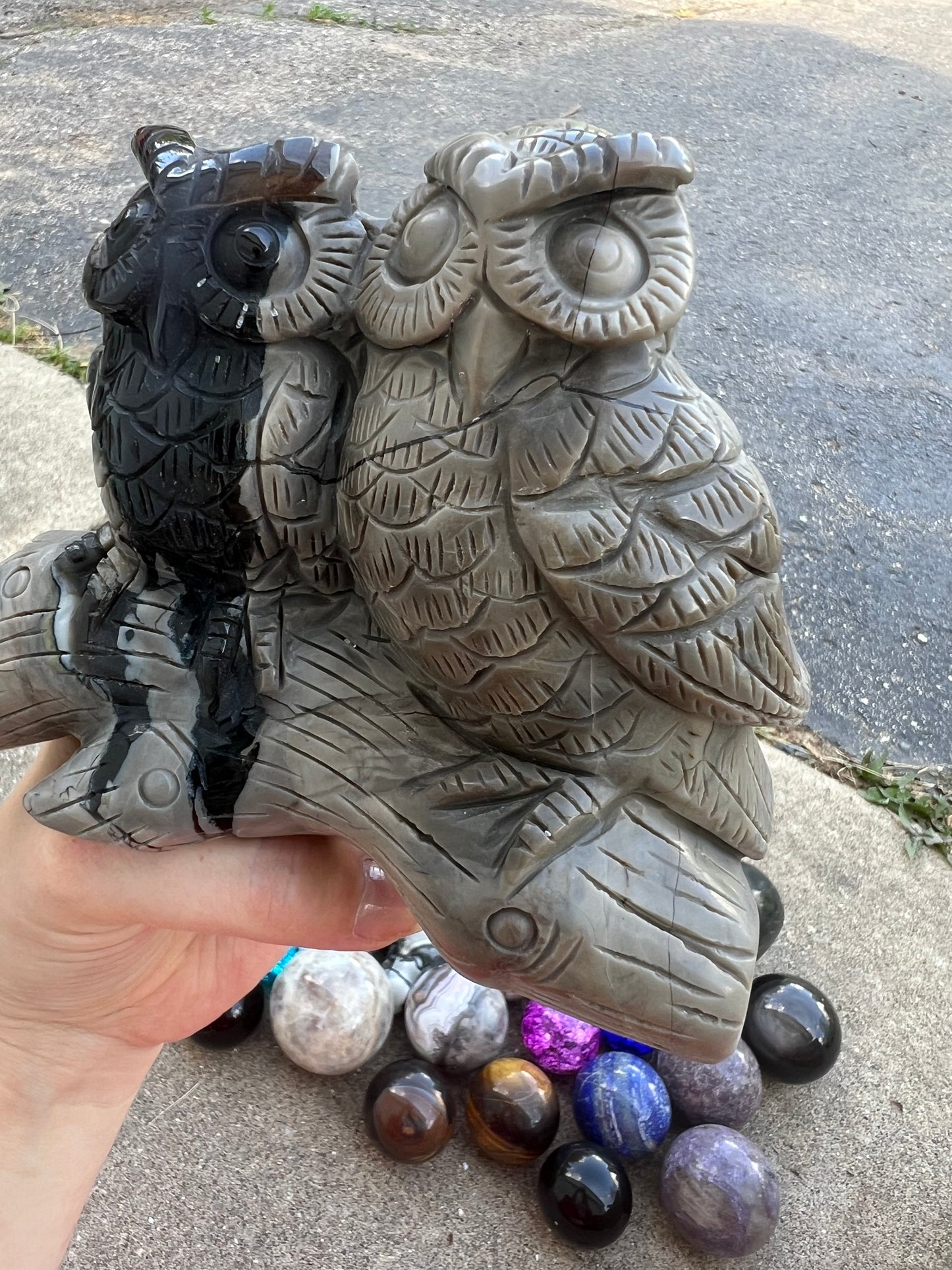 Large Volcanic Agate Hand Carved Owl Pair