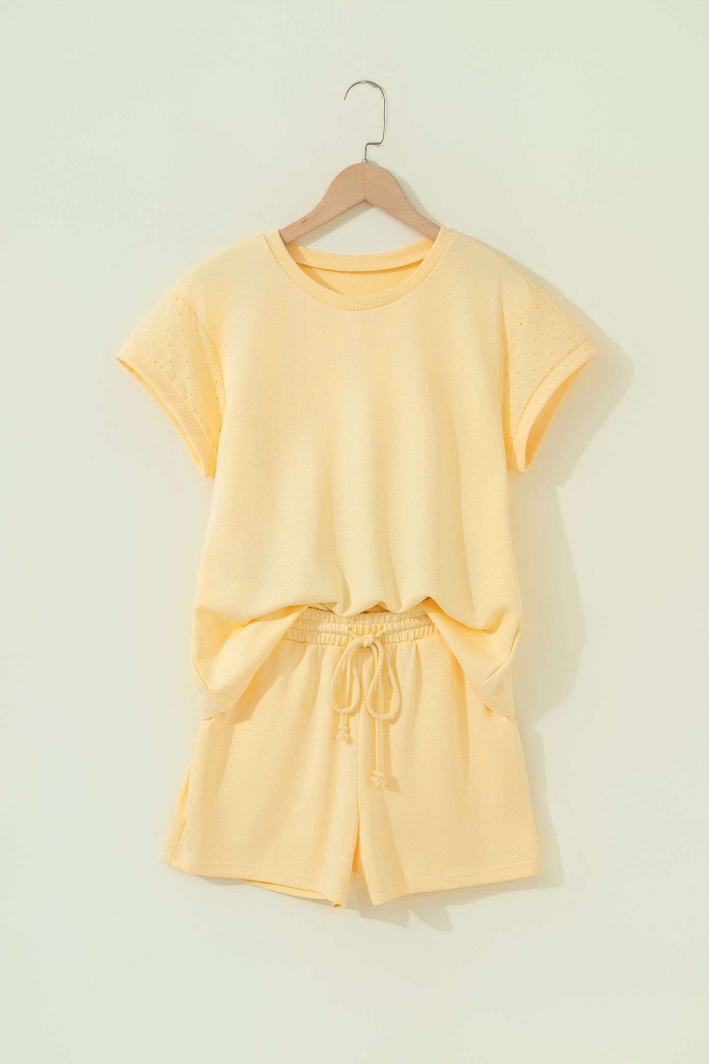 Yellow Eyelet Lace Patchwork Sleeve Short 2pcs Outfit