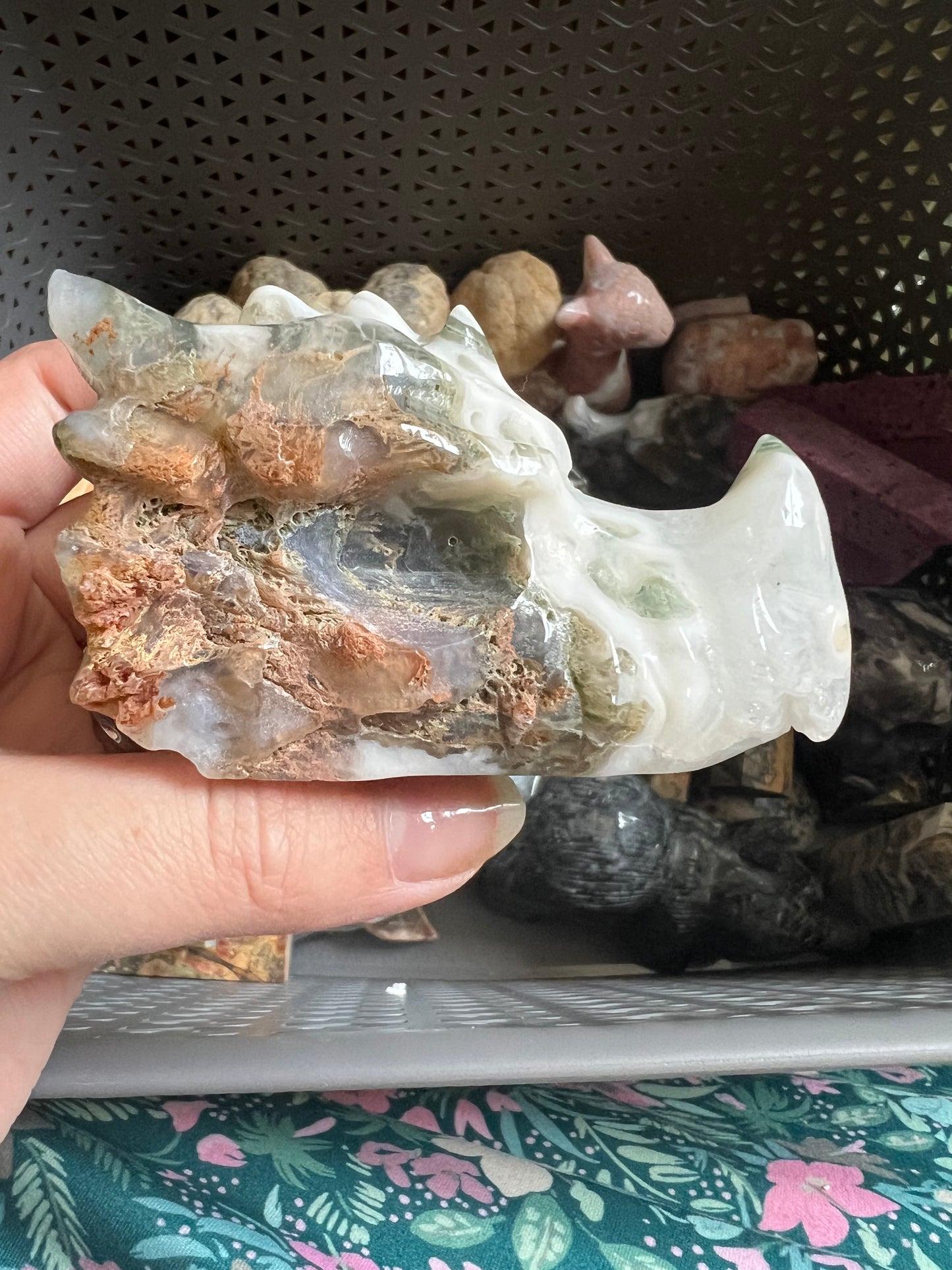 Moss Agate Dragon Skull