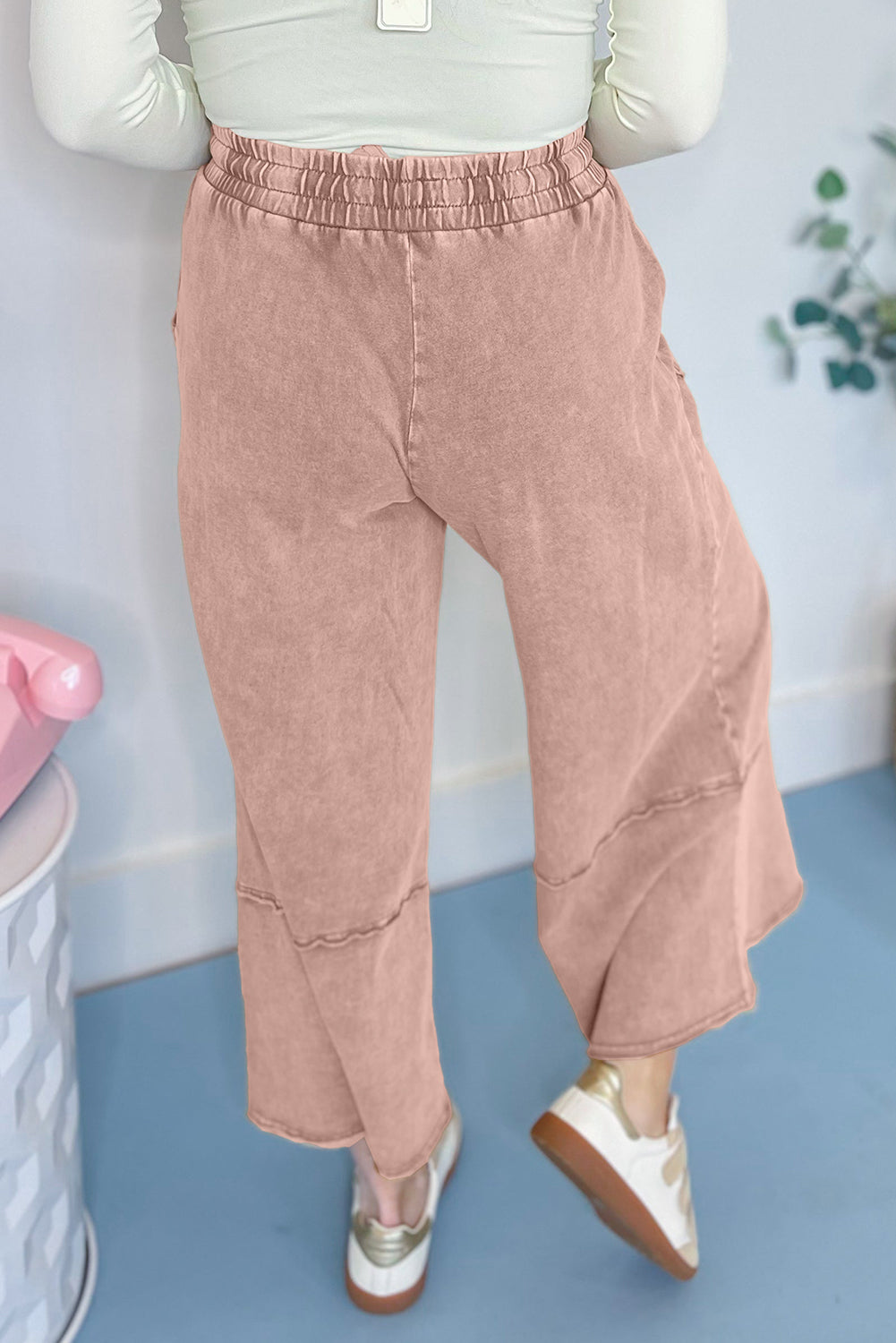 Buckskin Flower Patch Mineral Washed Terry Knit Cropped Wide Leg Pants 100% COTTON