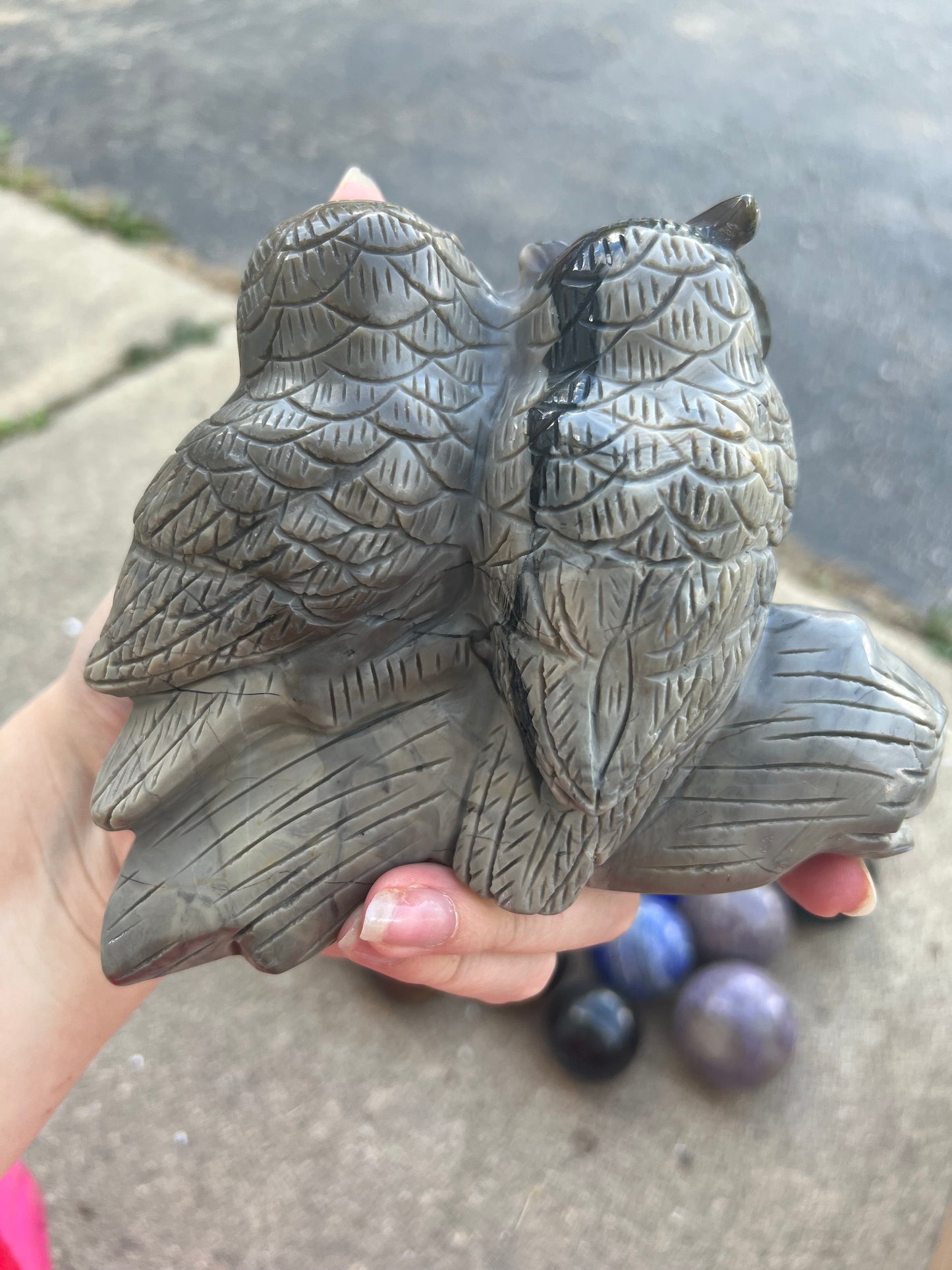 Large Volcanic Agate Hand Carved Owl Pair