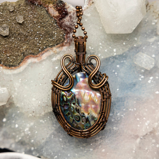 Abalone Wire Wrap Pendant, 2.5 Inch, Iridescent Ocean Energy