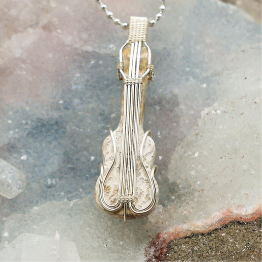 Agatized Coral Violin Wire Wrap Pendant, Ancient Energy Stone
