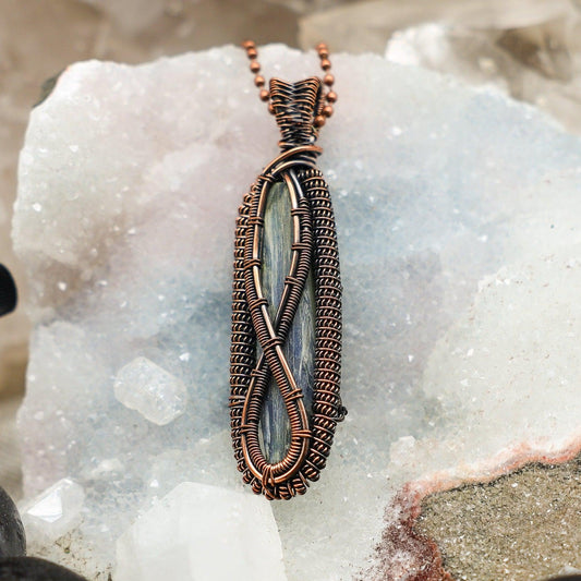Blue Kyanite Wire Wrap Pendant, 3.05 Inch, Throat Chakra Alignment