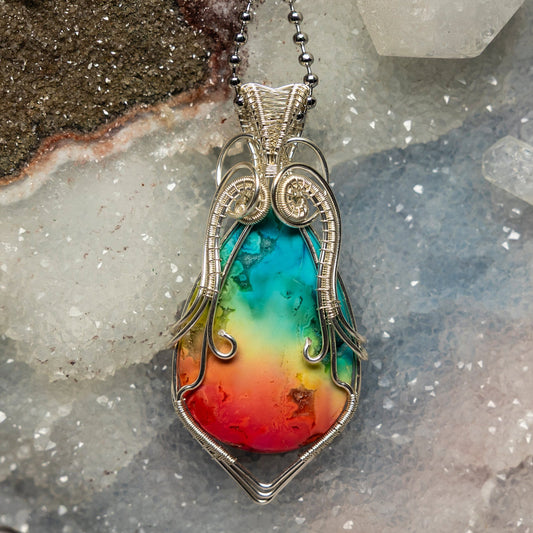 Chakra Agate Wire Wrap Pendant, 2.75 Inch, Rainbow Energy