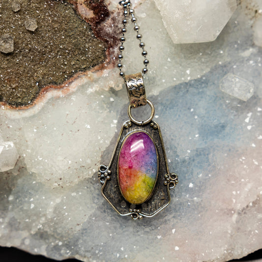 Chakra Dyed Quartz 925 Silver Pendant, 2.25 Inch, Seven Chakras