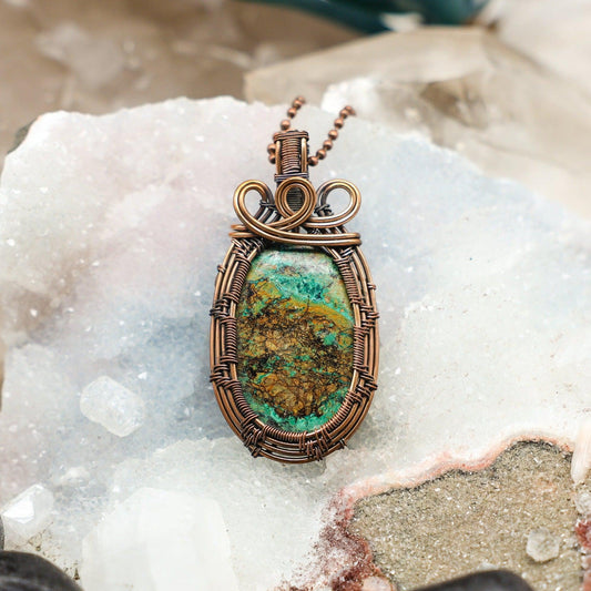 Chrysocolla Oval Wire Wrap Pendant, 2.65 Inch, Heart Throat