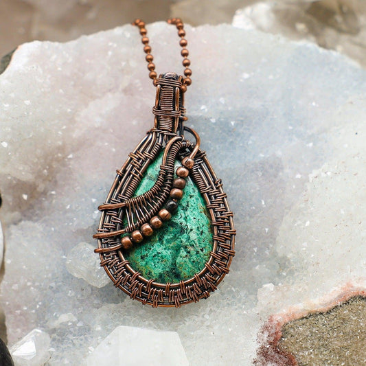 Chrysocolla Teardrop Wire Wrap Pendant, Blue Green Tranquility