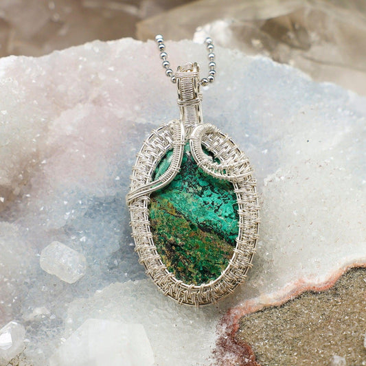 Chrysocolla Wire Wrap Pendant, Turquoise, Throat Chakra Healing