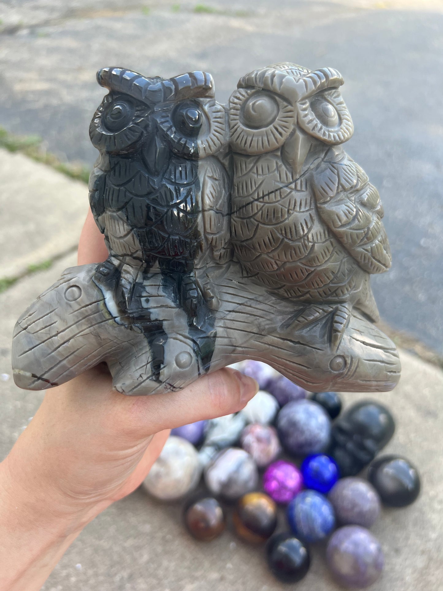 Large Volcanic Agate Hand Carved Owl Pair