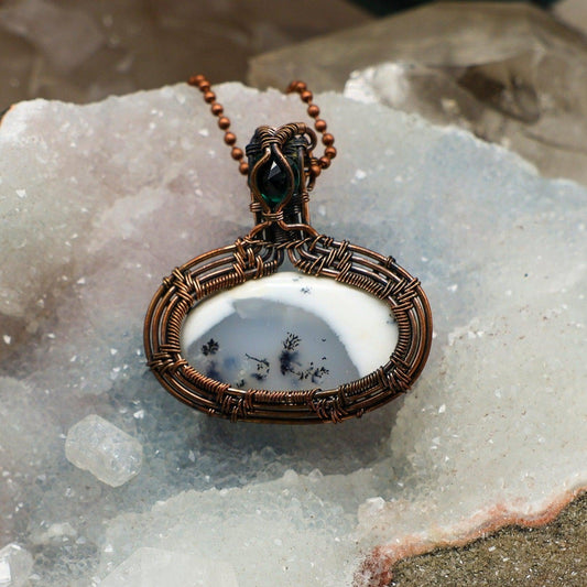 Dendritic Agate Oval Wire Wrap Pendant, 2 Inch, Tree Patterns