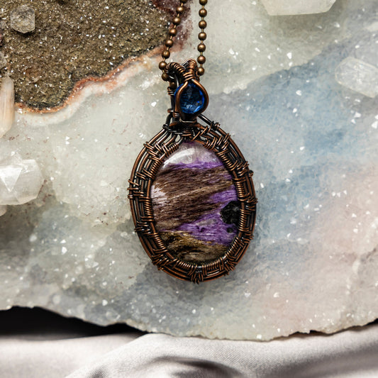 Double Charoite Wire Wrap Pendant, 2.5 Inch, Purple Crown Chakra