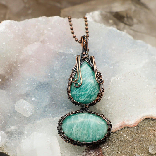 Dual Amazonite Wire Wrap Pendant, 3 Inch, Throat Chakra Truth