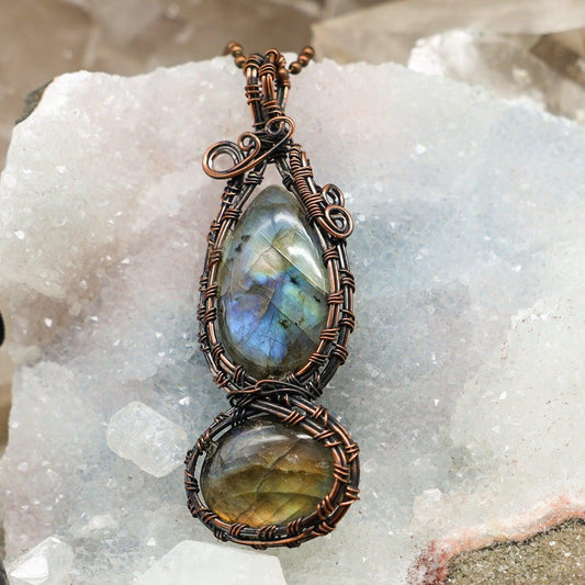 Dual Labradorite Wire Wrap Pendant, Flash Stone, Third Eye Chakra
